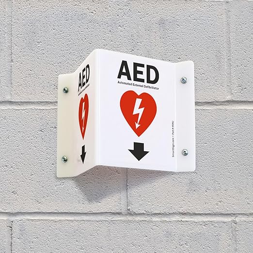 SmartSign (2-Pack) AED Projecting Sign with Down Arrow - 5" x 6", Two-Sided Wall Mount Polished Acrylic Corridor V-Sign, Red, White and Black