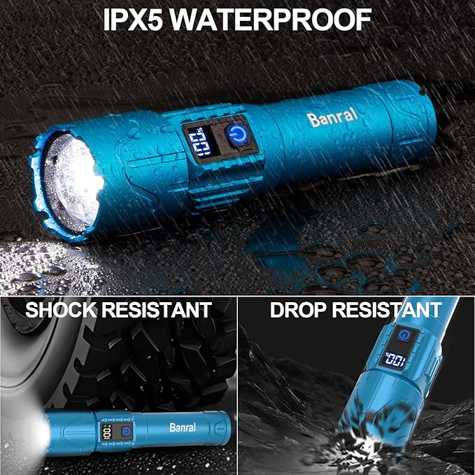 Banral Rechargeable Flashlights High Lumens - Super Bright LED Tactical Flash Light, Powerful Waterproof Handheld USB C Flashlight for Camping,Emergencies,Home,5 Modes,Zoomable (1, Turquoise)