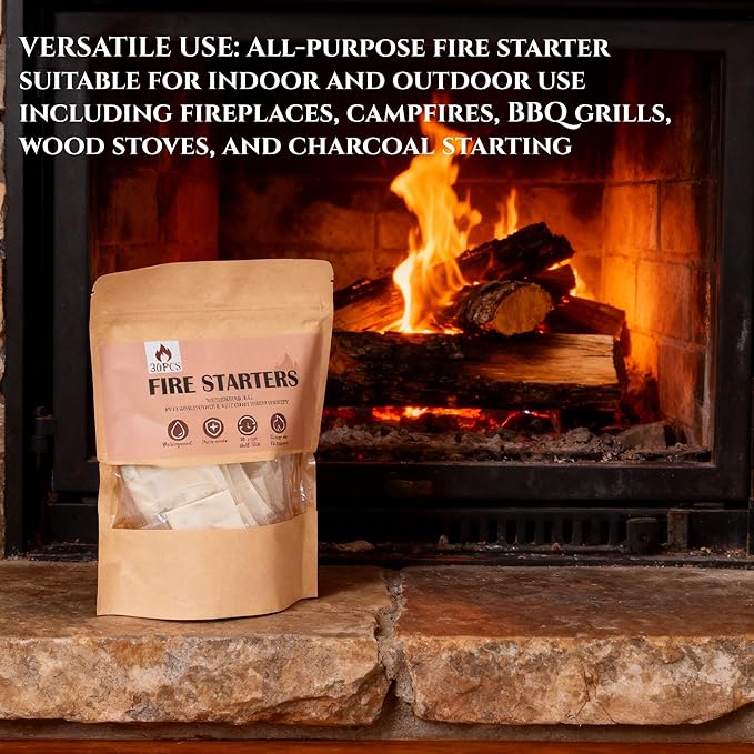 (30 Pcs/Bag) Quick Instant Fire Starter, Waterproof All-Purpose Indoor & Outdoor Firestarter,for Charcoal,Fireplace, Campfire, Wood Stove Odorless，BBQ and Non-Toxic