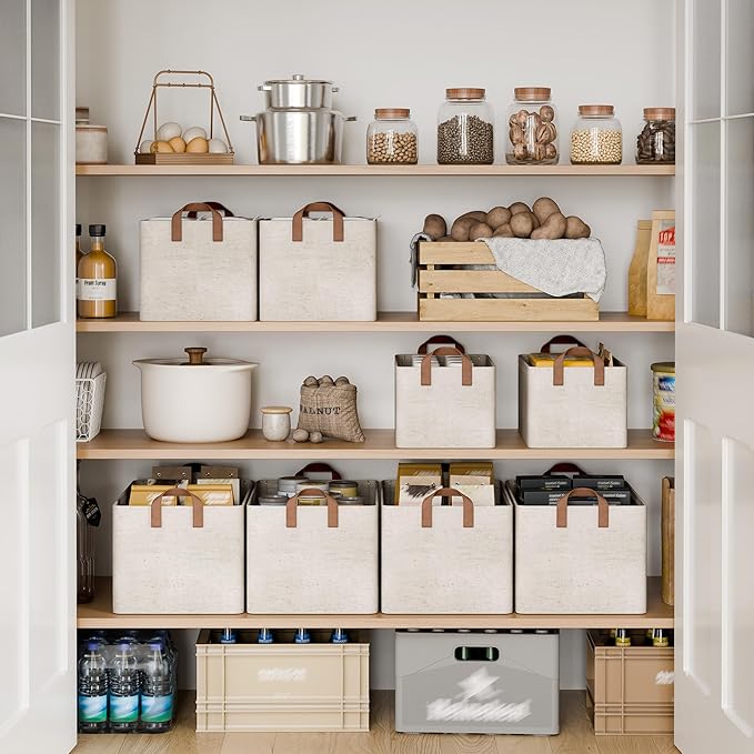 StorageWorks Storage Bins, Shelves Baskets for Organizing, Large Fabric Closet Organizers with Handles, Metal Frame, Beige（Cotton-linen）, 2-Pack