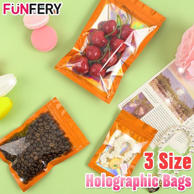 Funfery 300 Pack 3 Size Mylar Holographic Bags with Clear Window,Resealable Bag Smell Proof Foil Baggies Packaging Pouch for Food Storage,Sample,Small Business(Orange,3x4.7,4x6,4.7x7.9in)