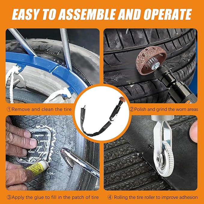 Tire Repair Kit, Tire Repair Polish Patch Tools, Include 3000rpm Low Speed Air Tire Buffer Tire Patch Roller Tire Inner Liner Scrapper Tungsten Steel Buffing Wheel 38mm 55mm