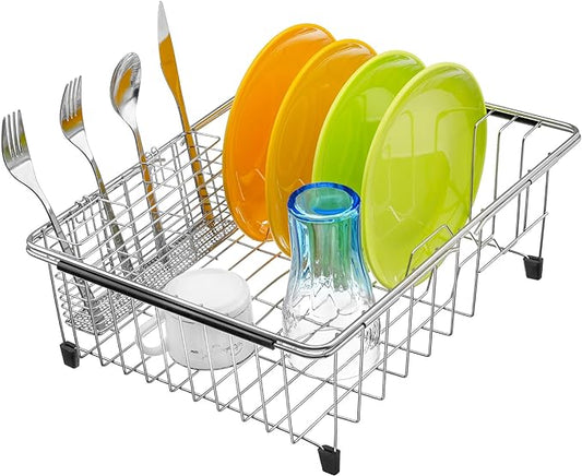 iPEGTOP Expandable Dish Drying Rack in Sink or Over Sink, Rustproof Stainless Steel Dish Drying Rack Basket Shelf, Multifunctional Dish Drainer Inside Sink Organizer with Utensil Cutlery Holder