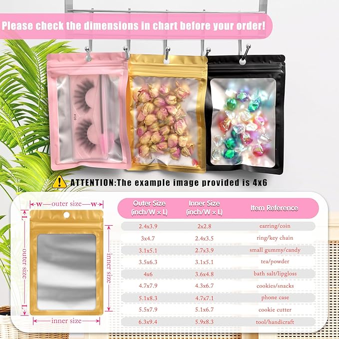 FUNFERY 100 Pack Mylar Resealable Bags Foil Packaging Bags with Clear Window,Zipper Pouch Smell Proof Bag for Food Storage,Cookies,Sample,Small Business(Gold,3.5x6.3inch)