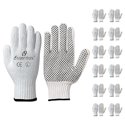 I9 Essentials 12-Pair Cotton Work Gloves with PVC Grip Dots (Large) – Breathable, Anti-Slip Gloves for Gardening, Construction, Warehouse, Yard Work & Home Maintenance