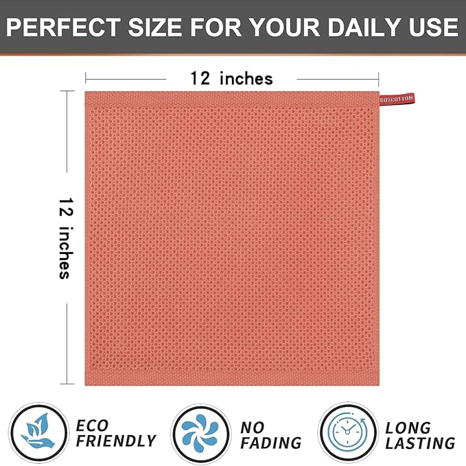 Kitinjoy 100% Cotton Kitchen Dish Cloths, 8 Pack Waffle Weave Ultra Soft Absorbent Dish Towels for Drying Dishes Quick Drying Kitchen Towels Dish Rags, 12 X 12 Inches, Coral