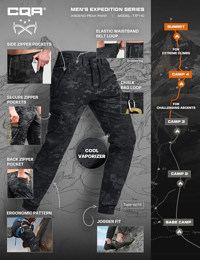 CQR Men's Lightweight Vent Hiking Pants, Water-Resistant & Breathable Sports Outdoor Athletic Pants with Elastic Waist