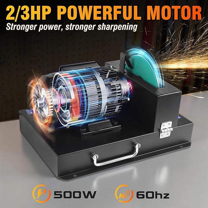 Lawn Mower Blade Sharpener 2/3 HP 500W, 7" Ceramic Wheel with 20 Sandpapers, Heavy-Duty Sharpening Machine for High/Low Lift, Gator & Flat Blades