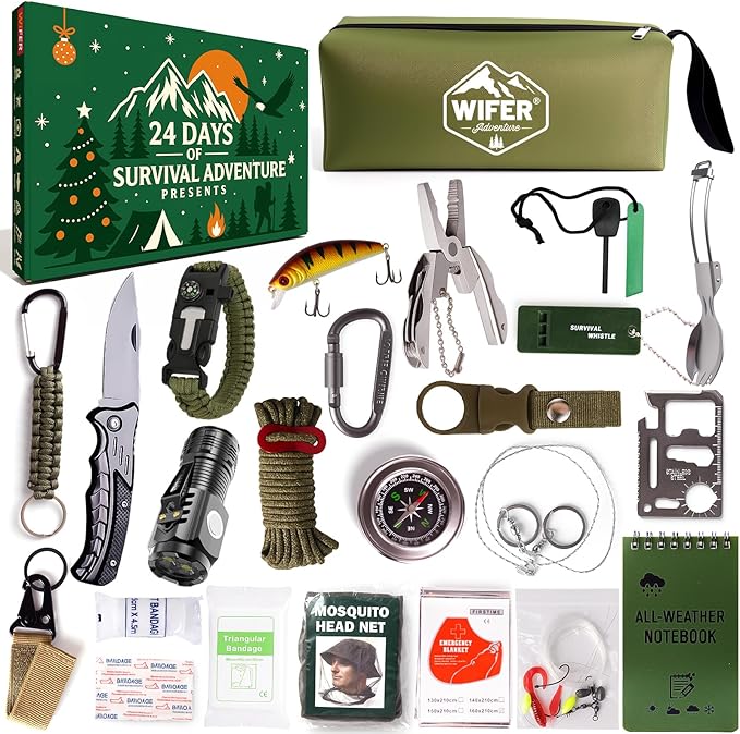 Survival Kit Advent Calendar 2025 for Men – 24 Days Christmas Countdown Survival Tools for Adult Teen, Xmas Holiday Surprise Gifts for Outdoor Enthusiasts, Camping, Fishing, Hunting, Hiking