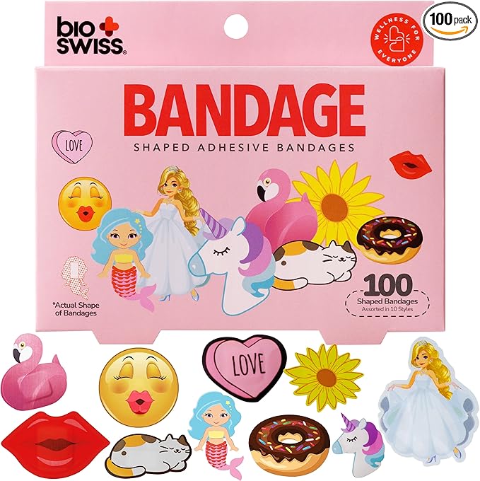 BioSwiss Kids Bandages, Assorted Animal, Fun and Food Shaped Self Adhesive Bandage for Girls, Latex Free, Sterile Wound Care, 100 Count