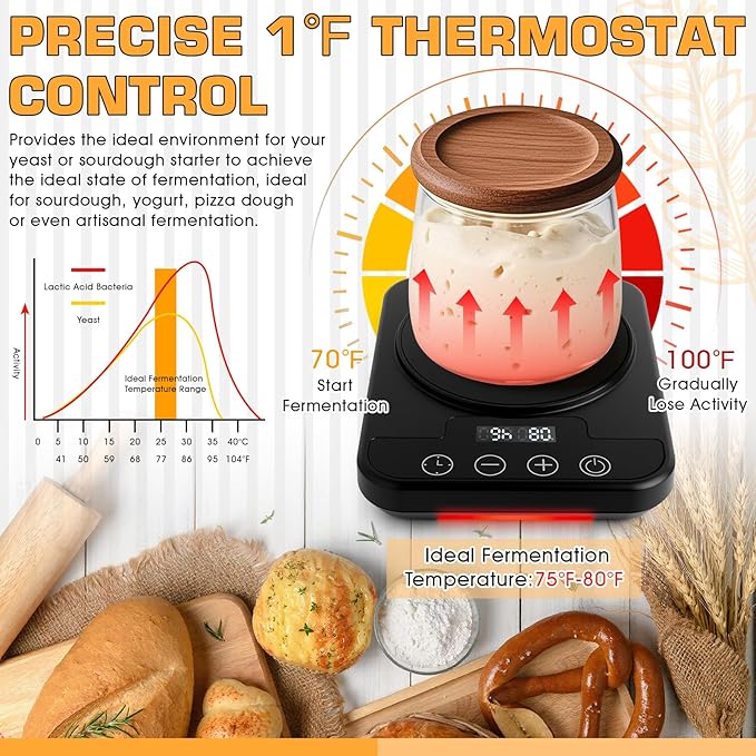Sourdough Starter Warmer Mat, 12H Timer, Precise 1°F Thermostat Control (70-100°F) Warming Heating Pad, Smart Memory Warming On/Off, Fits Jars Up to 40oz, Perfect for Home Baking (Black)