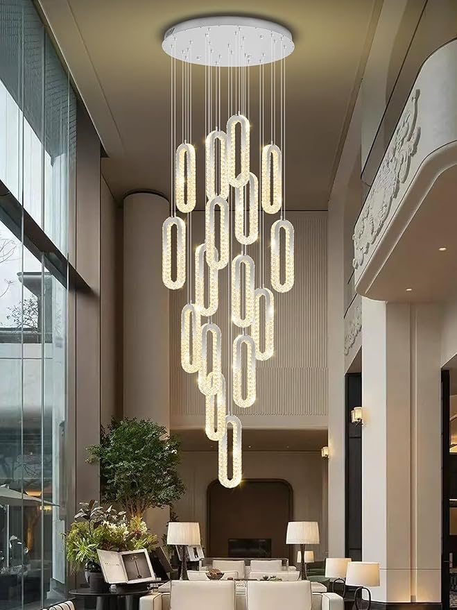 H138 Large Chandelier for High Ceiling,Modern 16-Rings Crystal Chandeliers for Entryway,Silver Pendant Light for Living Room,Foyer,Entryway LED Dimmable Staircase Chandelier