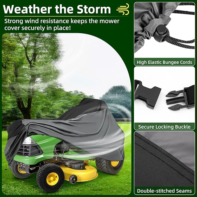 Premium Riding Lawn Mower Cover, Elechomes Heavy Duty 600D Polyester Oxford UV Protection Waterproof Windproof Universal Fits Decks Up to 60" Lawn Mower Dust Covers with Storage Bag 82.5x46x55 Inch