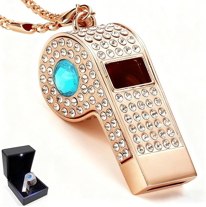 PCTC Shining Whistle,Crystal-Encrusted Metal Whistle with Decorative Chain Great for Referees, Coaches Party and Gift Accessory[Gold Exterior]