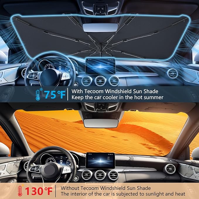 Tecoom Car Windshield Sun Shade Umbrella for Truck Full-Size SUV, Foldable Front Window Visor Sunshade Cover, Double Heat Shield Coating, Protect Automotive Interior from UV Rays, Large 61" L x 33" W