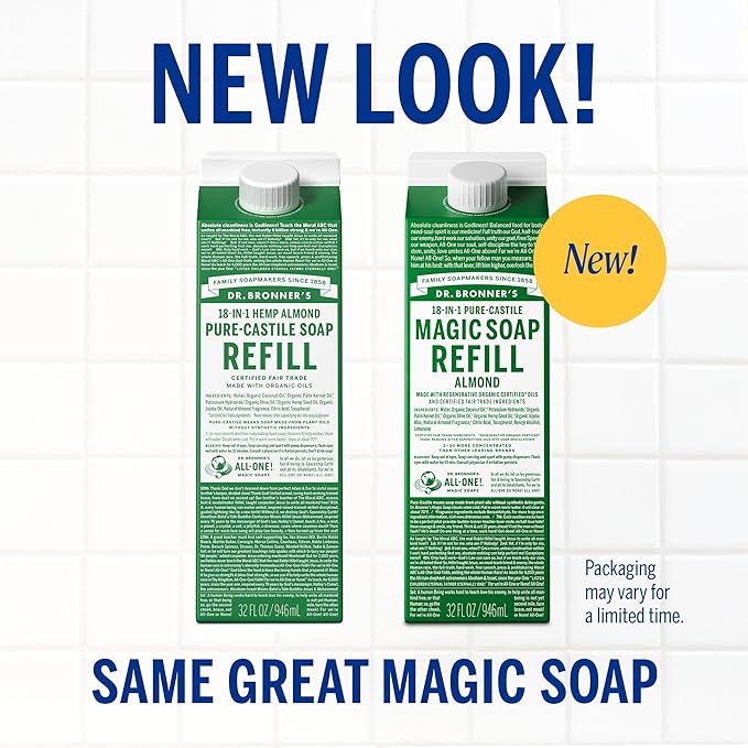 Dr. Bronner's Magic Soap Pure-Castile Liquid Soap Refill - Made with Regenerative Organic Certified Oils - 18-in-1 Uses for Face, Body Wash, Hand Soap Refill, Vegan Bath Soaps- Almond, 2-Pack, 32oz