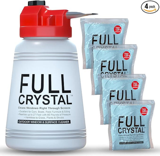 Full Crystal Window Cleaning Kit- 16 oz Glass Cleaner and Bottle with 27ft Reach will clean up to 80 Windows- Scrub Free, Rinse Free Glass Cleaner Spray Removes Dirt, Grime and Water Deposits