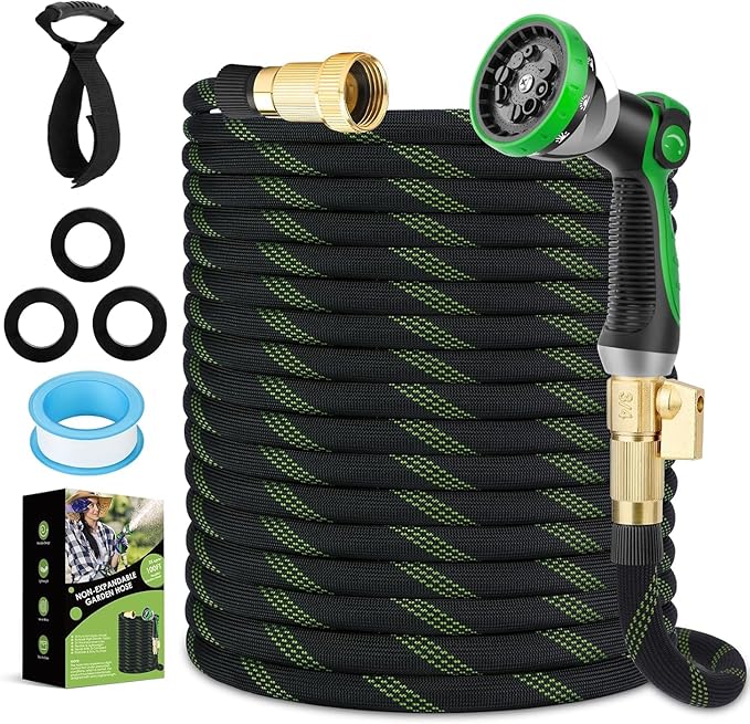 Non-Expandable Garden Hose 75 ft, Ultra Lightweight & Flexible Water Hose With 10-Pattern Spray Nozzle, Full Length Leak-Proof Design, High-Density Fabric & Shut-Off Valve, Hose Straps