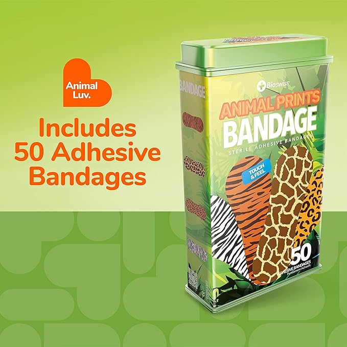 BioSwiss Kids Bandages, Animal Print Shaped Self Adhesive Bandage Set, Latex Free Sterile Wound Care, 50 Count