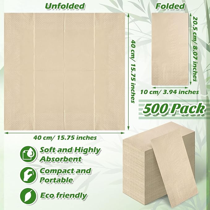 WILLBOND 100 Packs Disposable Paper Napkins Bulk Bamboo Paper Towels Disposable Hand Towels for Bathroom Eco Unbleached Brown Dinner Napkins