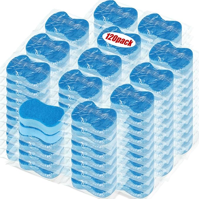 Tanlade 120 Pcs Individually Wrapped Sponges Kitchen Bulk Non Scratch Scouring Sponges for Dishes Household Cleaning Travel Apartments Hotel Car (Blue)