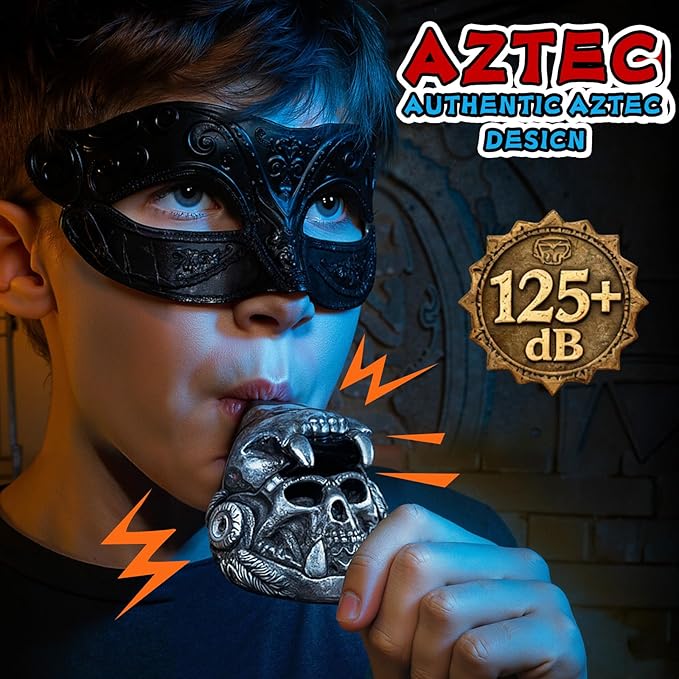 Aztec Death Whistle - Skull Quetzalcoatl Design | 125+ dB Screaming War Whistle for Historical Reenactments, Halloween Scares & Collectors