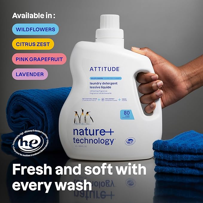 ATTITUDE Liquid Laundry Detergent, EWG Verified, HE Compatible, Plant-Based & Vegan, Natural Laundry Soap, Citrus Zest, 80 Loads, 67.6 Fl Oz