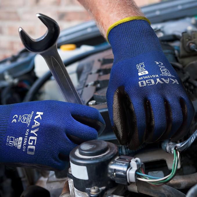KAYGO Work Gloves Nitrile Coated, 12 Pairs KG12N，Seamless Knit, Protective Safety Work Gloves with Good Grip for General Work,Blue, L