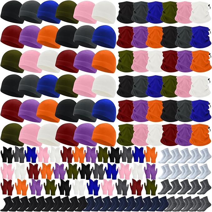 Liitrsh 148 Pcs Bulk Winter Fleece Hats Gloves Scarf Sock Sets for Men Women, Beanies for Homeless Donation Charity Bundle
