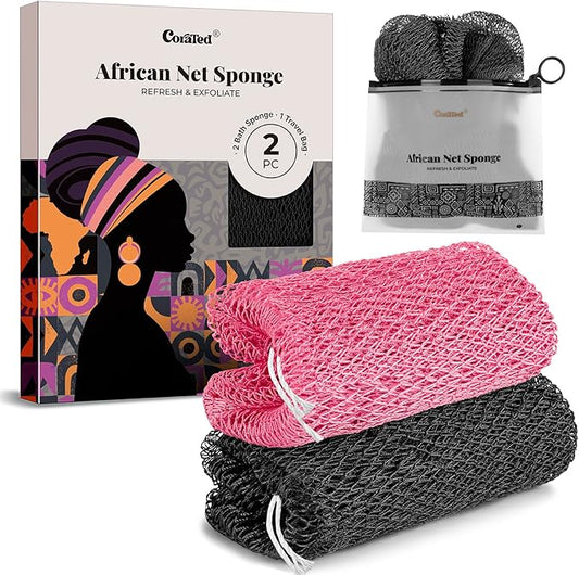 CORATED African Net Sponge Authentic, Shower Loofah Exfoliating Bath Sponge, Body Scrubber for Women and Men Daily Use Body Care, Travel Portable, Durable Bath Accessories for Bathroom (Black & Pink)