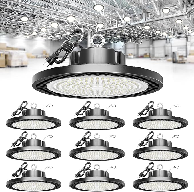 Super Bright 21000lm 5000k 150w 10 Pack UFO Led High Bay Shop Lights with 5'Cable 3-Pin Plug Hook Safe Rope for Garage Factory Warehouse Workshop Barn