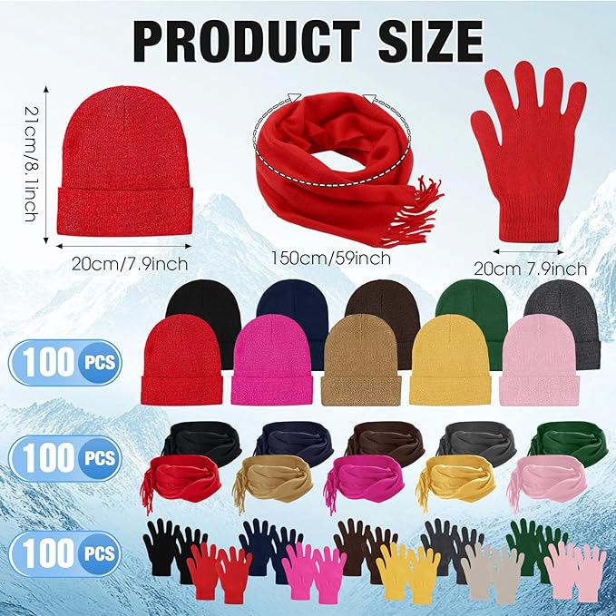Unittype 300 Pcs Winter Beanies Gloves Scarf Set Bulk 100 Knit Skull Cap 100 Pair Winter Gloves 100 Neck Warmer for Men Women