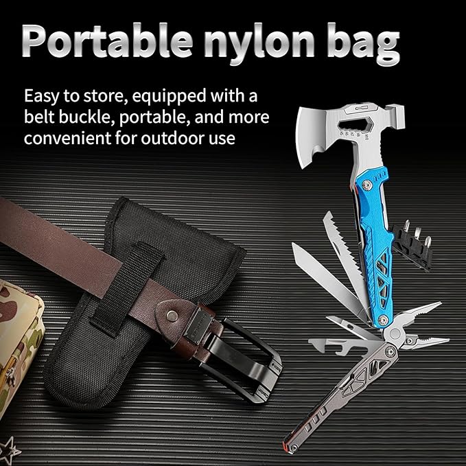 20-in-1 Camping Multitool, Survival MultiTool with Pilers,Axe, Adjustable Wrench, Hammer, Screwdriver, Pouch, Outdoor Hiking Multi Tool Carbon Steel Compact Hatchet Gifts for Men Dad Him