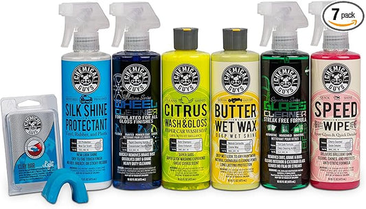Chemical Guys Starter Car Care & Cleaning Kit, 7-Piece Detailing Car Wash Kit with 6 Premium 16 oz Care Chemicals and Accessories for Washing, Waxing, and Interior Cleaning