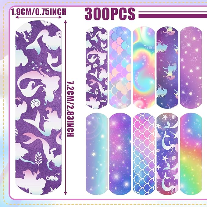 Patelai 300 Pieces Kids Bandages Bulk 10 Styles Children's Adhesive Flexible Colorful Cute Cartoon Bandages Waterproof Breathable Stickers Protection Care Cuts for Girls Boys(Mermaid)