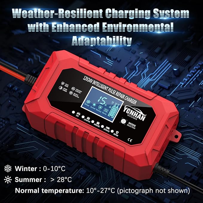 YONHAN 15A Battery Charger, 12V/24V LiFePO4 & Lead Acid Car Battery Charger, 9-Stage Trickle Charger with Temp Compensation, Automotive Battery Maintainer for Car Truck Motorcycle Lawn Mower Boat(Red)