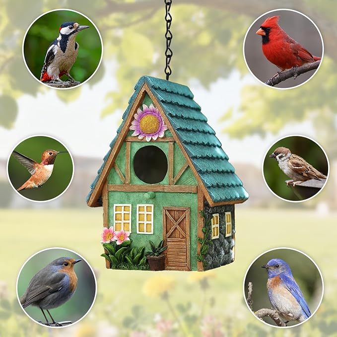 Cottage-Style Hanging Birdhouse with Flower Accents – Hand-Painted Resin Decorative Bird House for Outdoors, Weather-Resistant Garden Decor for Small Birds