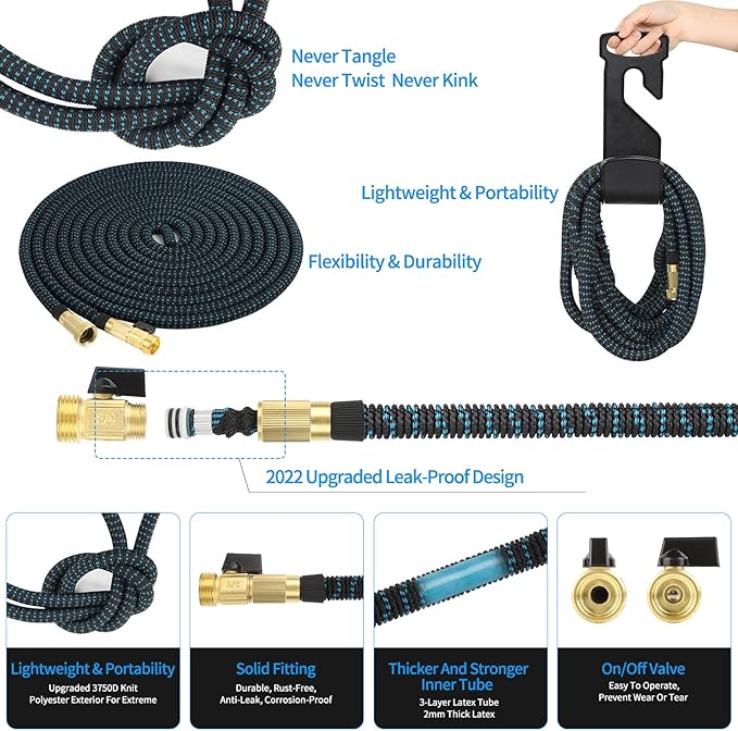 75 ft Expandable Garden Hose - 2025 New Kink Free Flexible Water Hose 50ft with 10 Pattern Spray Nozzle, 3/4 Solid Brass Connectors, Retractable Latex Core - Lightweight Expanding Hose
