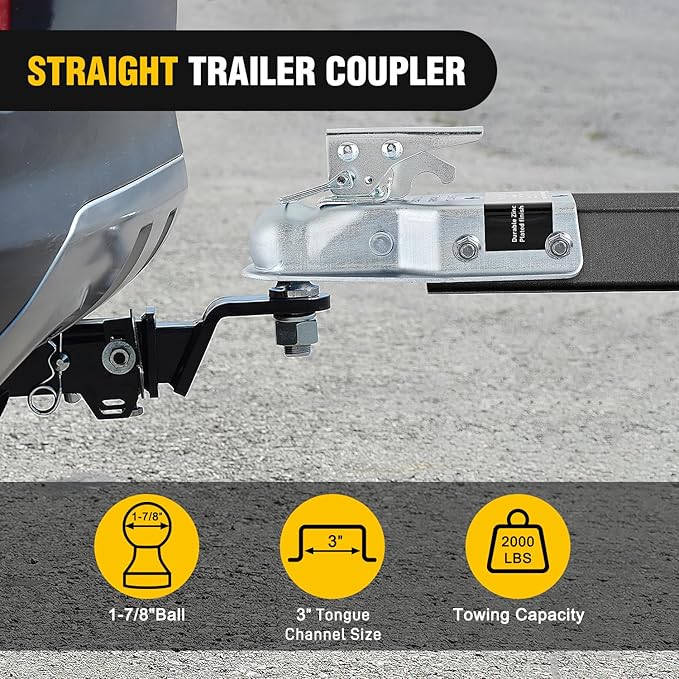 Nilight Straight Trailer Coupler with Security Latch&Chain for 1-7/8 Inch Hitch Ball, 3-Inch Channel,2000 LBS,Heavy Duty Trailler Tongue Coupler for Station Wagon, Truck, Bolted & Welded Installation