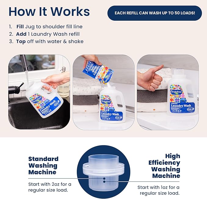 Truly Free Natural Laundry Detergent for Sensitive Skin | Eco Friendly, Plant Based, Baby Clothes Safe | Clean & Easy Powder to Liquid, 1 Pack Detergent + 1 Refillable Jug | Signature Scent, 50 Loads