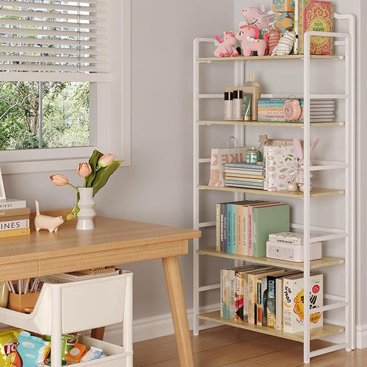 JSB No Assembly Folding Bookshelf, 5 Tier Book Shelf for Storage, Vintage Wood Foldable Bookcase for Living Room, Bedroom, Office Organization Shelves