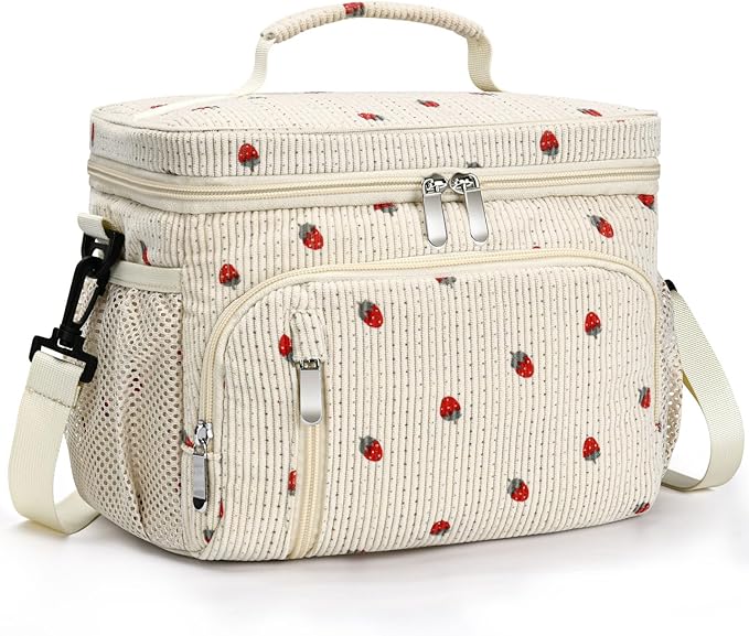 Insulated Lunch Bag for Men & Women - Leakproof Lunch Box Soft Cooler Tote, Adjustable Strap, Reusable Lunch Box for Work Office Picnic Beach Travel-Corduroy Strawberry