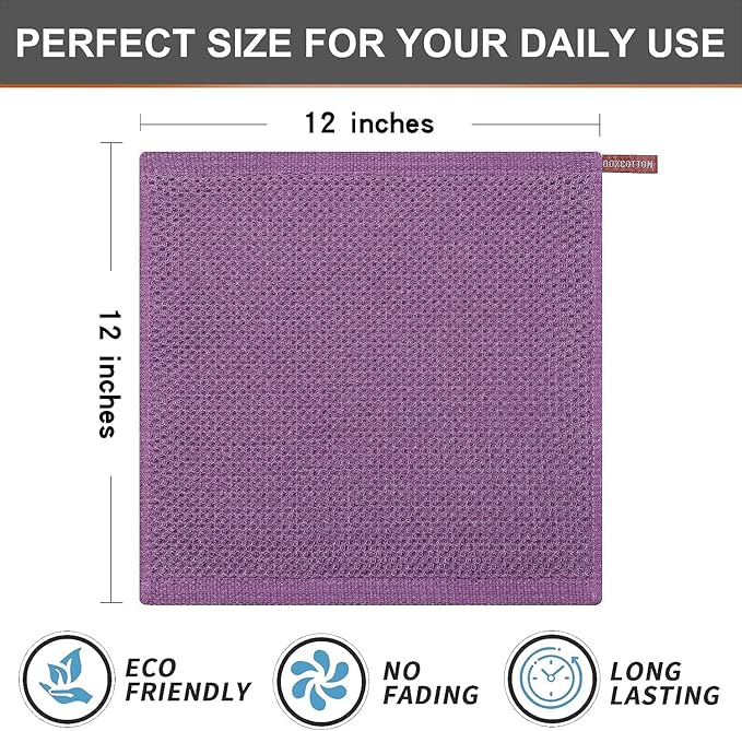 Kitinjoy 100% Cotton Kitchen Dish Cloths, 8 Pack Waffle Weave Ultra Soft Absorbent Dish Towels for Drying Dishes Quick Drying Kitchen Towels Dish Rags, 12 X 12 Inches, Violet