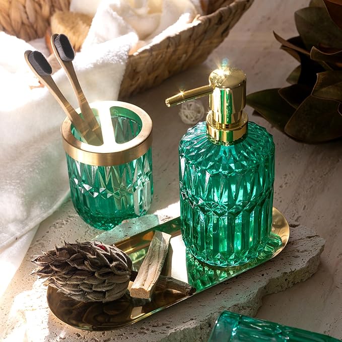 EMPO Clear Glass Soap Dispenser with ABS Plastic Pump, Crystal Lotion Dispensers for Kitchen Sink, Bathroom (Vintage Jade)