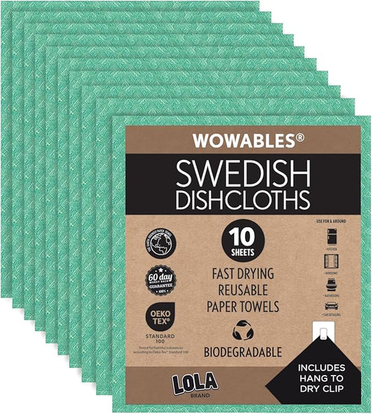 LOLA Swedish Dishcloths, 10 Sheets, Biodegradable Reusable Paper Towels Absorbent Kitchen Sponge Cloths Zero Waste No Odor, Made in Germany