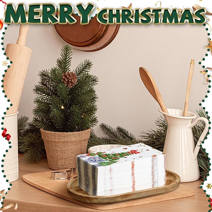 Jetec 200 Pcs Christmas Guests Napkins Disposable Hand Towels for Bathroom Christmas Tree Decorative Disposable Guests Napkins Topiary Trees Paper Guest Towels for Xmas Holiday Kitchen Dining Table