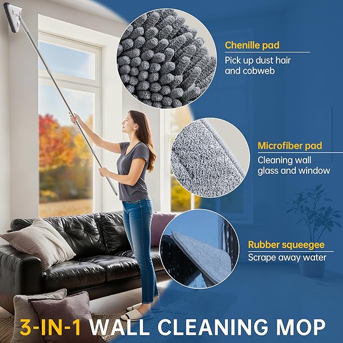 Wall Cleaner Mop with Long Handle, Wall Duster with Extension Pole, 3-in-1 Window Cleaning Kit, Dust Mop with 5 Replacement Pads