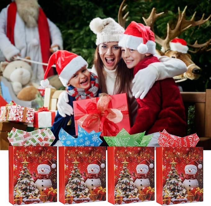 Rusikia 12 Christmas Gift Bags with 12 Tissues and 1 Satin Ribbon, Red Party Favor Bags Bulk with Handles, Glittery Cute Tree Snow-man Paper Bag for Xmas Holiday Birthday Wedding (Small 9"x7"x3")