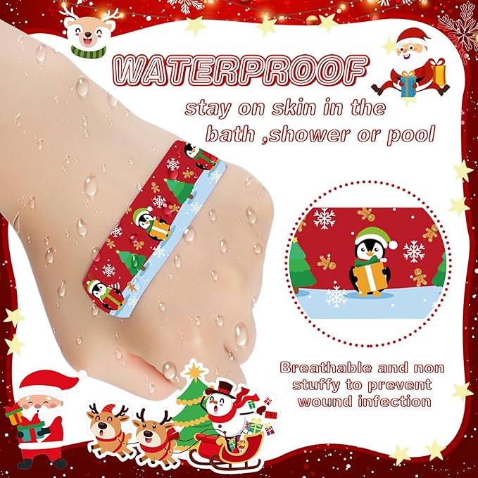 Patelai 300 Pieces Kids Bandages Bulk 10 Styles Children's Adhesive Flexible Colorful Cute Cartoon Bandages Waterproof Breathable Stickers Protection Care Cuts for Girls Boys(Santa Claus)