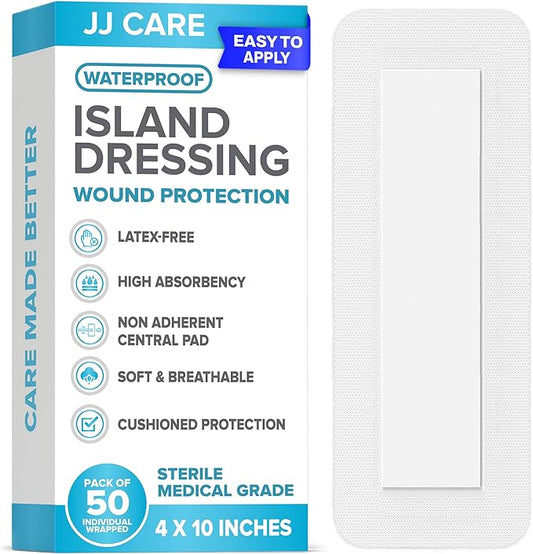 JJ CARE Waterproof Adhesive Island Dressing [Pack of 50], 4" x 10" Sterile Bordered Gauze, Breathable Island Wound Dressing, Individually Wrapped Adhesive Gauze Bandages with Non-Stick Central Pad
